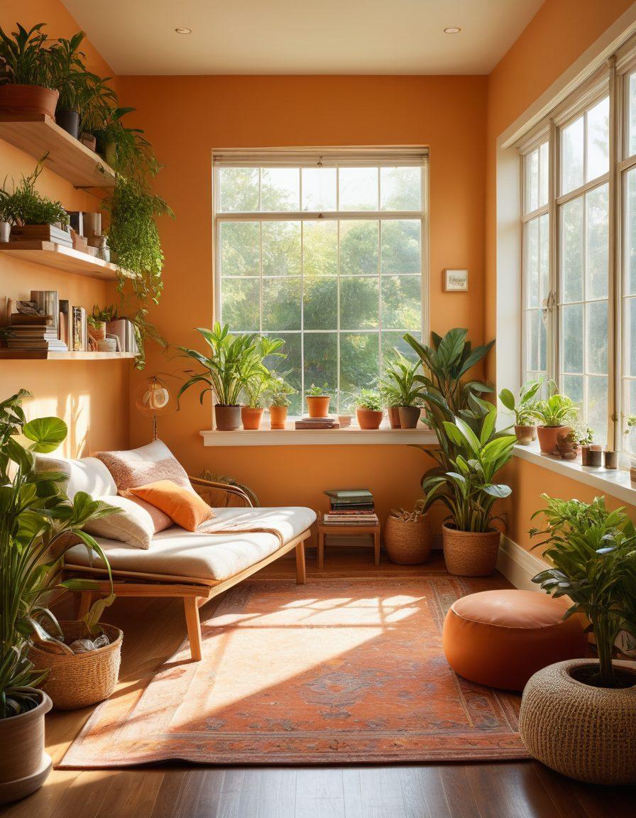 A warm and inviting scene showing a diverse group of caregivers supporting each other in a sunlit room filled with plants and wellness books. Include elements like a mindfulness corner with yoga mats, a coffee table with herbal teas, and a soft orange glow of afternoon light. Emphasize connections and community with smiling faces and gentle gestures. super-realistic. vibrant colors. warm tones.