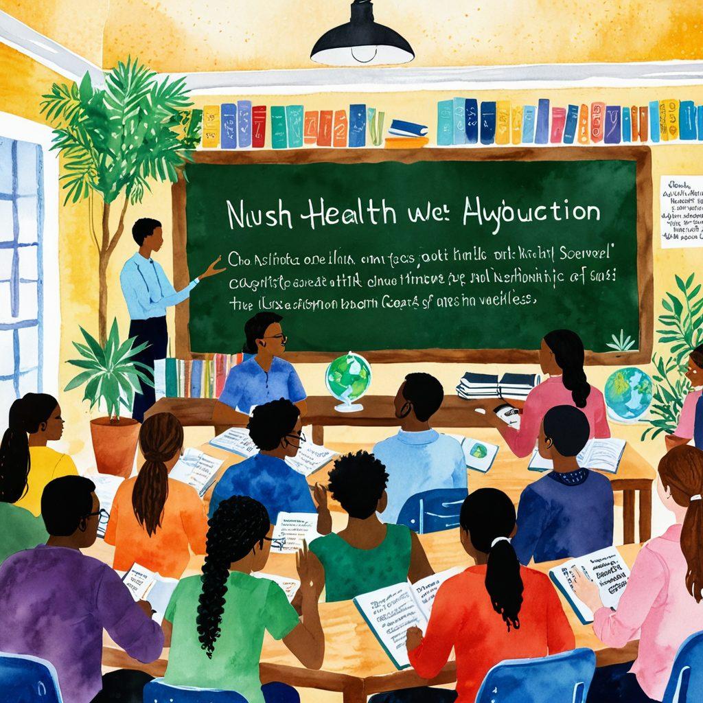 A diverse group of individuals engaged in a vibrant classroom setting, passionately discussing and sharing knowledge about health advocacy. Include a large chalkboard filled with empowering quotes about education, alongside books and digital devices. In the background, showcase symbols of holistic health like plants and wellness icons. Bright lighting and warm colors to create an inviting atmosphere. watercolor painting. vibrant colors.