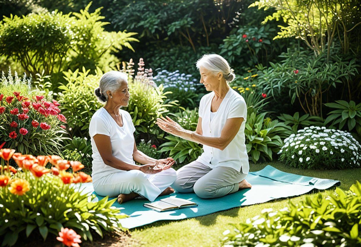 A serene scene depicting a caregiver gently assisting an elderly person in a sunlit garden, surrounded by vibrant flowers and greenery. Include elements like a wellness journal, herbal teas, and yoga mats in the background. The atmosphere should evoke a sense of peace, care, and vitality, illustrating the connection between caregivers and health enthusiasts. soft focus. bright colors. nature-inspired.